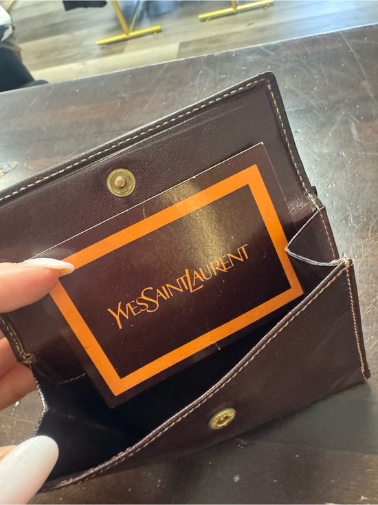 Yves Saint Laurent Handbags - Yves Saint Laurent Brown Leather Snap Wallet with Orange Logo Card VINTAGE